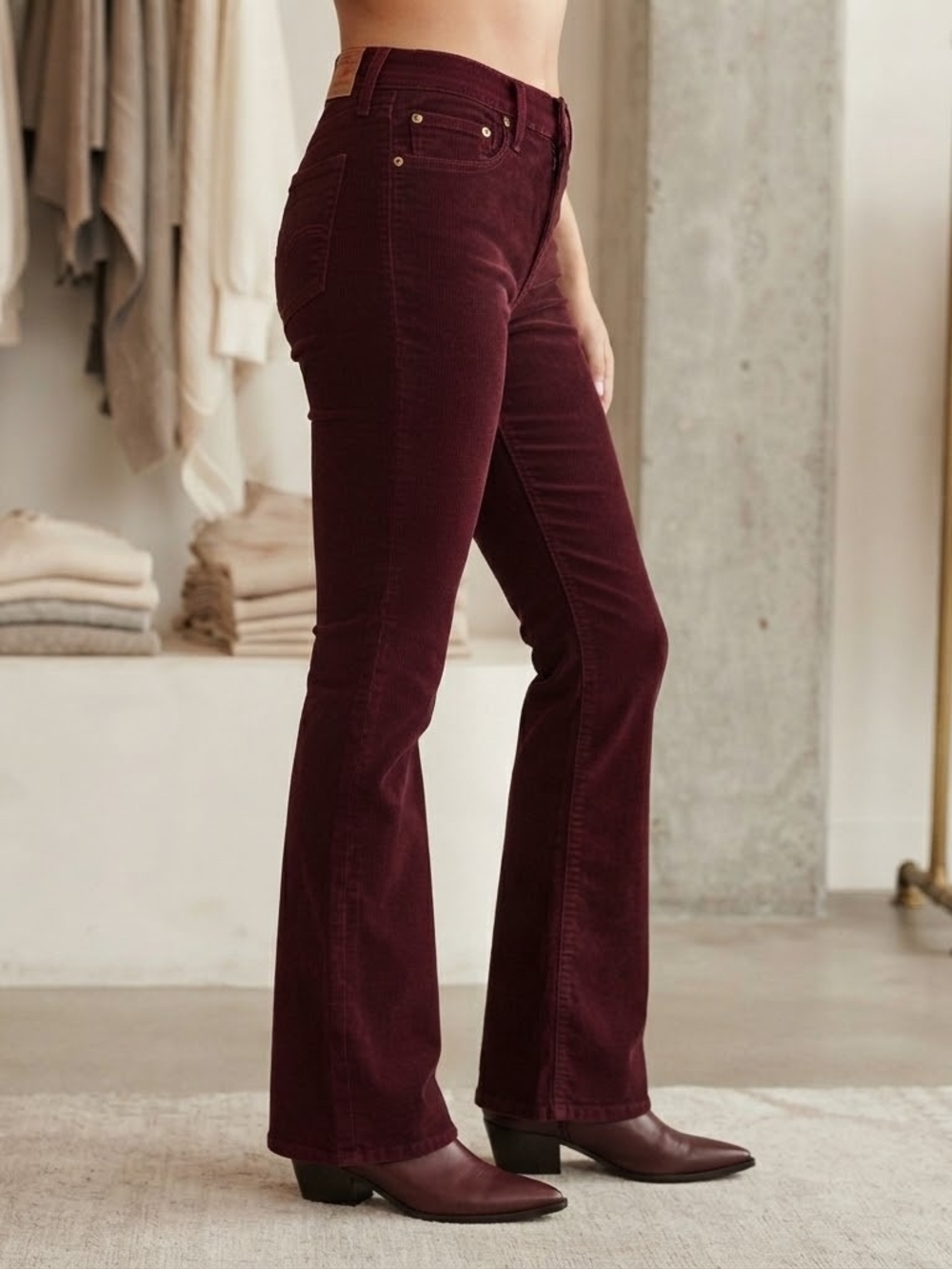 Women’s High-Rise Corduroy Flared Jeans in Deep Burgundy
